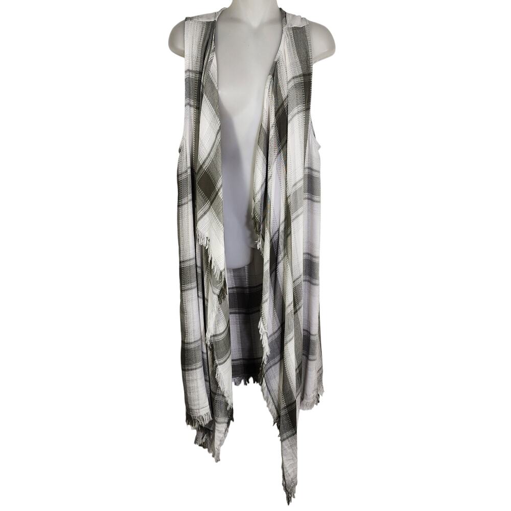 Maurices Womens Duster Cardigan Plaid Open Fringe Sleeveless Long Vest One Size